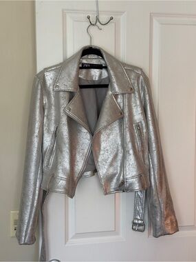 Zara Metallic Silver Cropped Moto Leather Jacket Size L